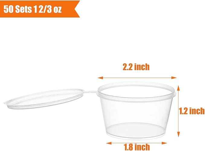50 Sets 1 2/3 oz Round Shaped Jello Shot Cups with Lids, Small Condiment Containers, Disposable Portion Cups, Plastic Souffle Cup, Mini Sample Tasting Dipping Sauce Cup To Go Bowls, Clear