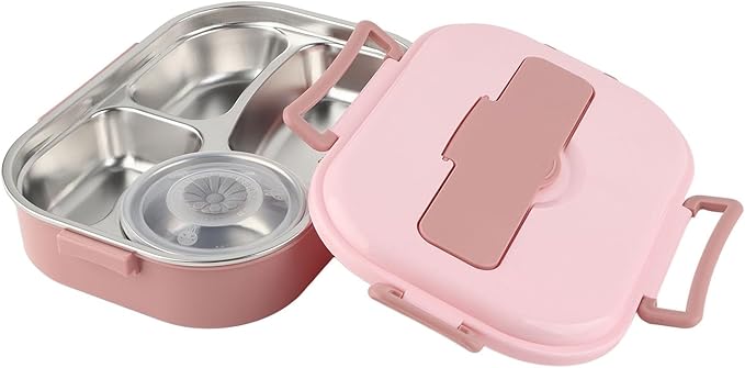 Raguso Boxs Dinnerware 4?Grid Lunch Box Stainless Steel Meal Prep Containers,for Canteens Office Family Food Storage Container (Four-compartment lunch box with soup bowl: pink)