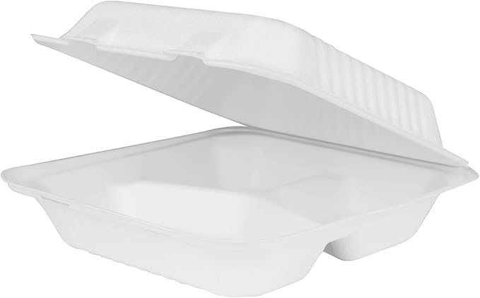 KARAT EARTH Clamshell Take Out Food Containers [9"x9", 200 ct ] 3 Compartments | Compostable To Go Containers, Natural Biodegradable Bagasse | White