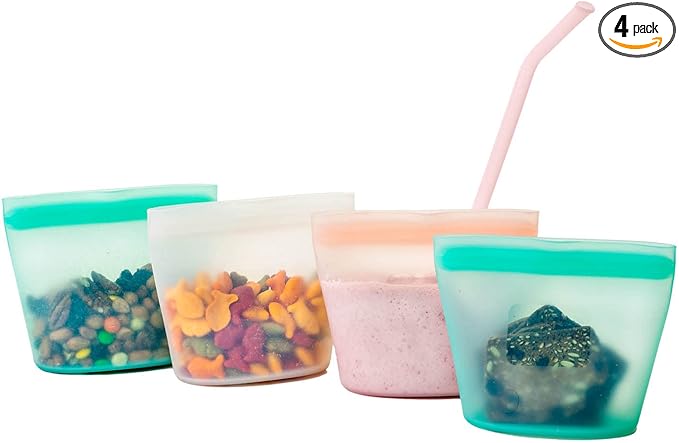 Easy Open 100% Silicone Locking Zipper portion control cups/Baby & Kid Snack Containers 4 – 8oz cups with Complementary silicone straw- 4 set of 8oz. Cups