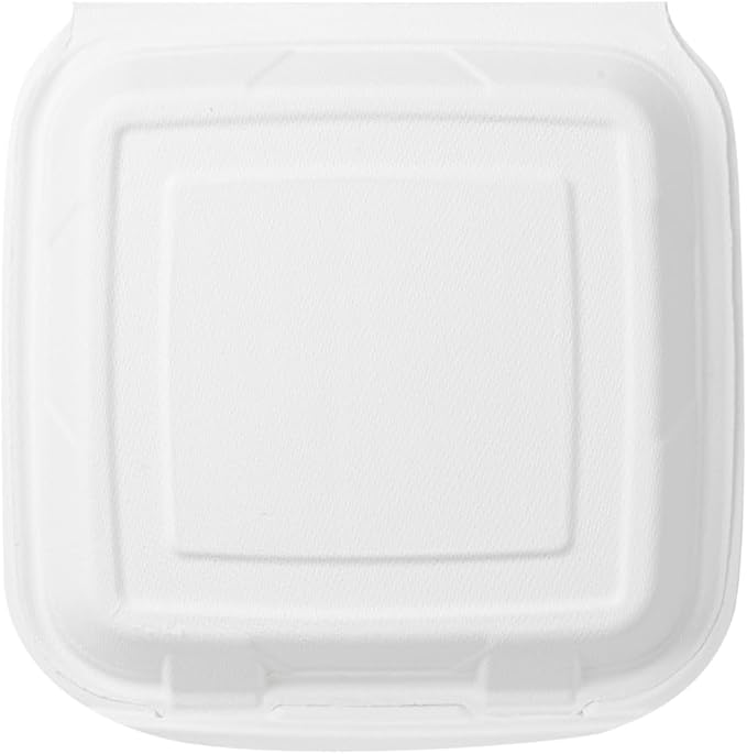Restaurantware Pulp Safe No PFAS Added 32 Ounce Clamshell Boxes 100 Disposable Containers - Home Compostable Microwavable And Freezable White Bagasse Containers Built-In Hinged Lid And Tab Lock