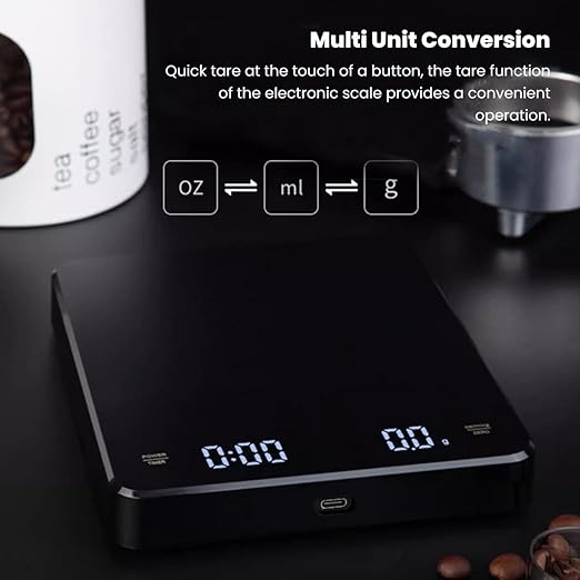 Coffee Scale with Timer, 0.1g High Precision 3 Units Pour Over Drip Espresso Scale, 5.8 x 5in Rechargeable Kitchen Scale with LCD Backlight Display for Home Weigh Jewelry Vegetables