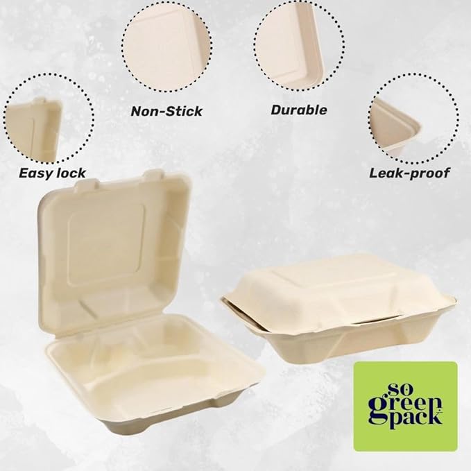 50 Packs Disposable 8x8 Clamshell with 3 Compartments Take-Out Container Compostable Biodegradable Bagasse & Eco-friendly To Go Container for Food