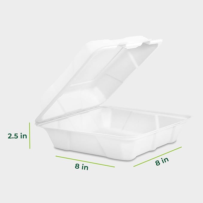 Freshware Clamshell Food Containers with Lids [8x8 200-Pack] Disposable To Go Containers, Biodegradable Sugarcane To Go Boxes - Paper Container - Microwave & Freezer Safe, Stackable