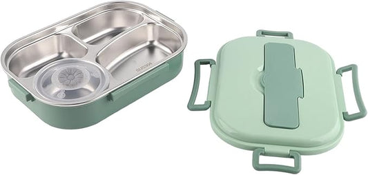 Raguso Boxs Dinnerware 4‑Grid Lunch Box Stainless Steel Meal Prep Containers for Canteens Office Family Food Storage Container (Four-compartment lunch box with soup bowl: green)