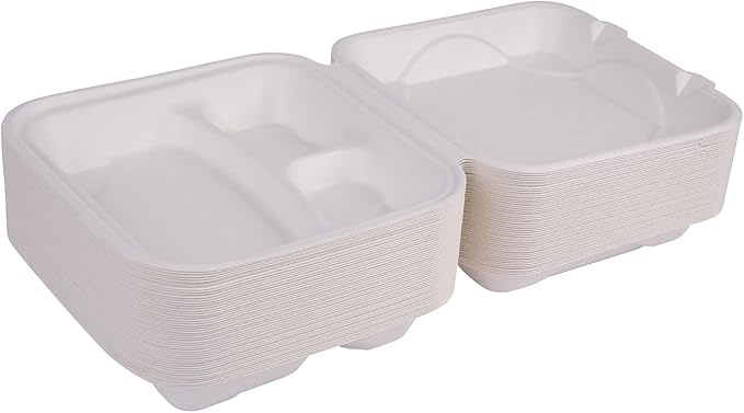 Eco-Products Compostable Vanguard 9" Clamshell To Go Containers, Case of 200, 3 Compartment, Square Take Out Food Box, White Renewable Molded Fiber, No-Added PFAS, ASTM Compliant, BPI-Certified