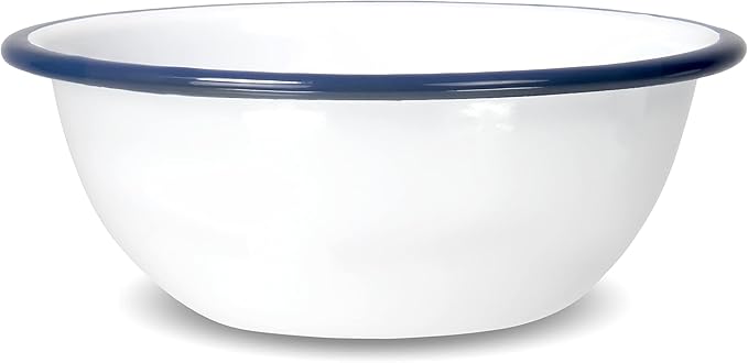 Red Co. Set of 4 Enamelware Metal Classic 20 oz Round Cereal Bowl, Solid White/Navy Blue Rim