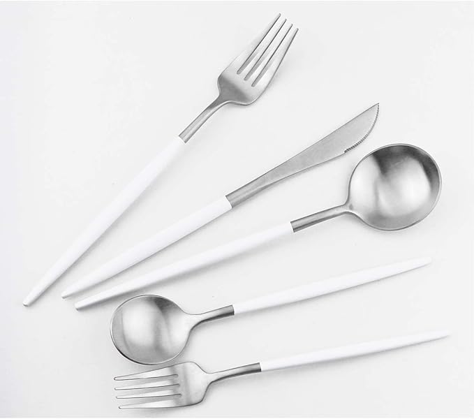 White Silver Flatware, Royal 5-Piece Matte White Handle 18/10 Stainless Steel Tableware Sets for 1 Including Forks Spoons Knives, Camping Silverware Travel Utensils Set Cutlery (White Silver)