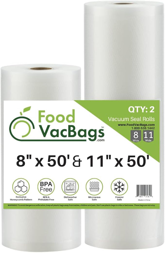 One 8" X 50' and One 11" X 50' FoodVacBags Vacuum Seal Bags Rolls, Foodsaver Compatible Vacuum Food Storage Bag Rolls, Heavy Commercial Grade, Sous Vide (100 Feet Total)