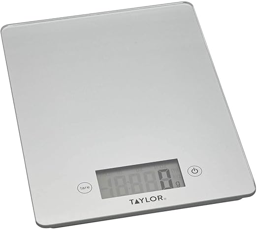 Taylor Pro Digital Glass Kitchen Food Scales, Ultra Thin Compact Design, Professional Standard with Tare Feature, Silver Finish Weighs 5 kg Capacity
