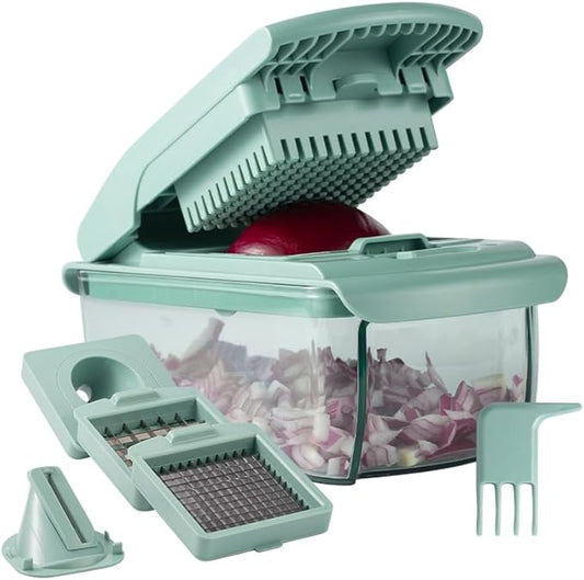 ook with Color Vegetable Chopper - Multifunctional 11 in 1 Vegetable Chopper with Container - Food Chopper to Dice, Chop, Slice, Julienne and Spiralize, Sage