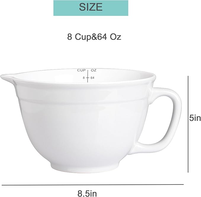 Sweejar Porcelain Mixing Bowl with Scale, Ceramic Serving Container for Kitchen, Nesting Bowl with Handle, Using for Baking, Prepping, Cooking, Set of 1(White)