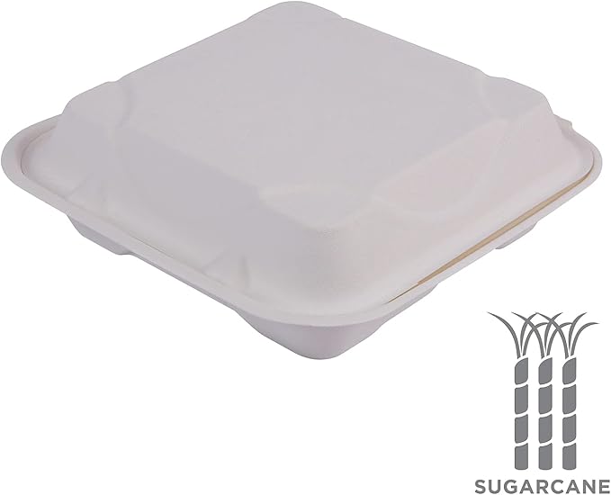 Eco-Products Compostable Vanguard 9" Clamshell To Go Containers, Case of 200, 3 Compartment, Square Take Out Food Box, White Renewable Molded Fiber, No-Added PFAS, ASTM Compliant, BPI-Certified