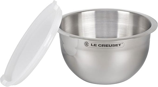 Le Creuset Set of 3 Nested Mixing Bowls w/Nonslip Silicone Base & Plastic Air Tight Lids, Large, Stainless Steel