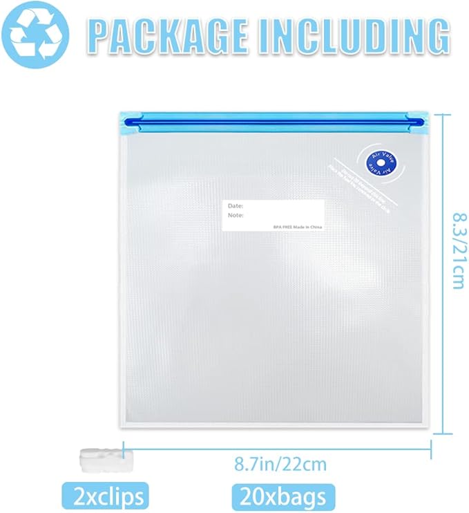 Sous Vide Bags 20pcs 8.3x8.7in/21x22cm BPA Free Reusable Vacuum Sealer Bags Keep Food Fresh