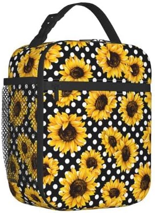 YETTA YANG Sunflower Flower Polka Dot Portable Lunch Bag Insulated Lunch Box Reusable Totes For Women Men Work Picnic Camping