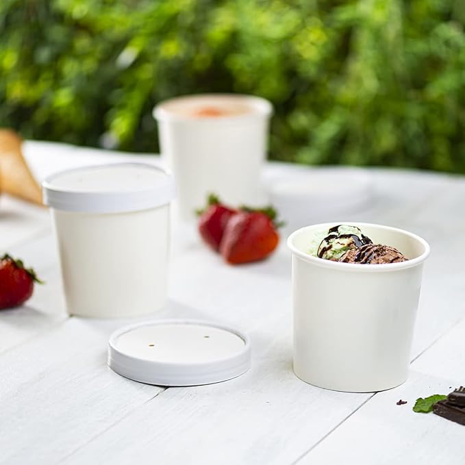 GUSTO [12 oz. - 50 Count White Paper Food Containers with Vented Lids - To Go Hot Soup Bowls, Disposable Ice Cream Cups, Ideal for Hot and Cold Foods - (Formerly Comfy Package)