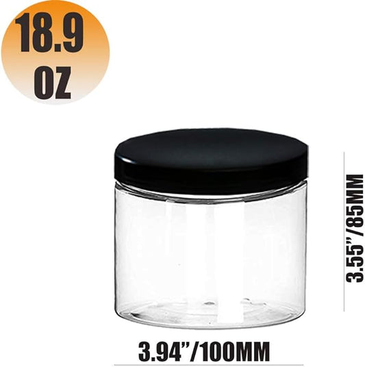 18.9oz (560 ml) Empty Clear Wide Mouth Plastic Jars with Smooth Black Lids and Labels (12 Pack) – PET Containers Great for Cream,Cosmetics,Slime Storage Jars –BPA Free