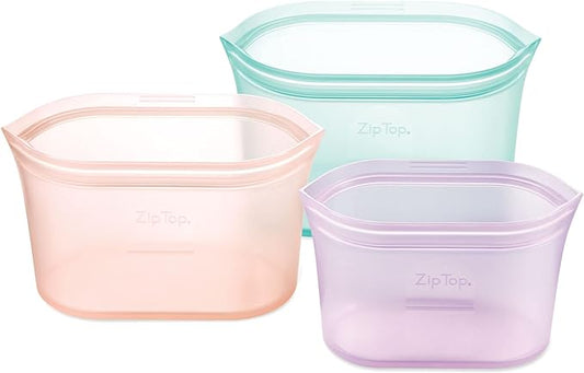 Zip Top Reusable Food Storage Bags | 3 Dish Set [Teal/Peach/Lavender] - Small, Medium, Large | Silicone Meal Prep Container | Microwave, Dishwasher and Freezer Safe | Made in the USA