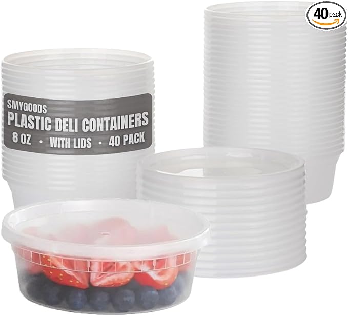 Smygoods 8oz Plastic Deli Containers with Lids - 40 Count, Stackable, BPA Free, Clear