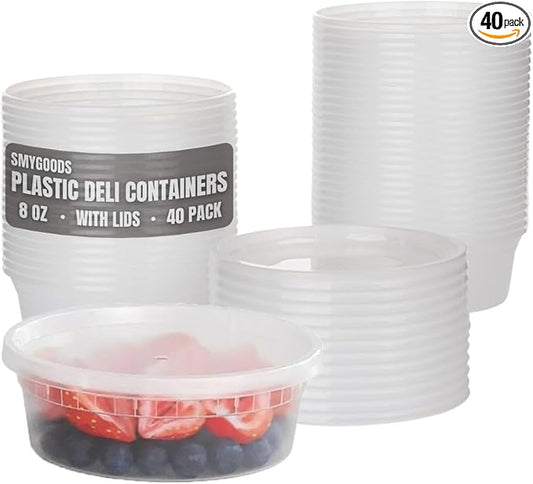 Smygoods 8oz Plastic Deli Containers with Lids - 40 Count, Stackable, BPA Free, Clear