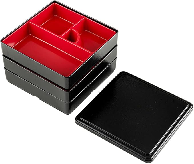 Restaurantware-8.3 x 5.9 Inch 5-Compartment Lunch Container, 1 Japanese Style Adult Lunch Container - 3 Stackable Layers, Black & Red Plastic Divided Lunch Box, Greaseproof, Hot & Cold Food
