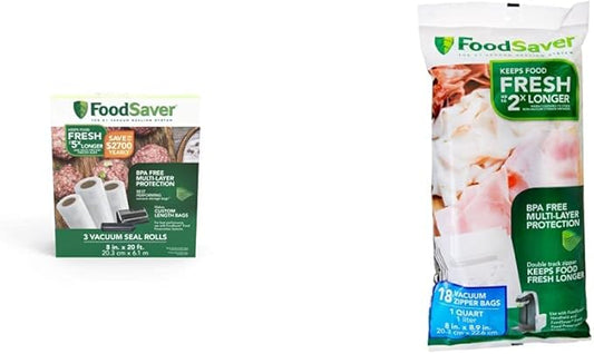 FoodSaver Vacuum Sealer Bags, Rolls for Custom Fit Airtight Food Storage and Sous Vide, 8" x 20' (Pack of 3) & FoodSaver 1-Quart BPA-Free Multilayer Construction Vacuum Zipper Bags, 18 Count