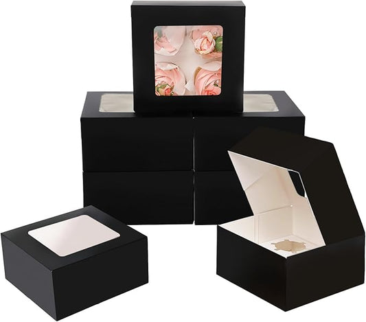 qiqee Auto-pop Up 4 Cupcake Boxes with Window Black 30 Packs Cupcake Box 6.3"x6.3"x3" Bakery Boxes For Cupcakes Carrier, Cupcake Containers