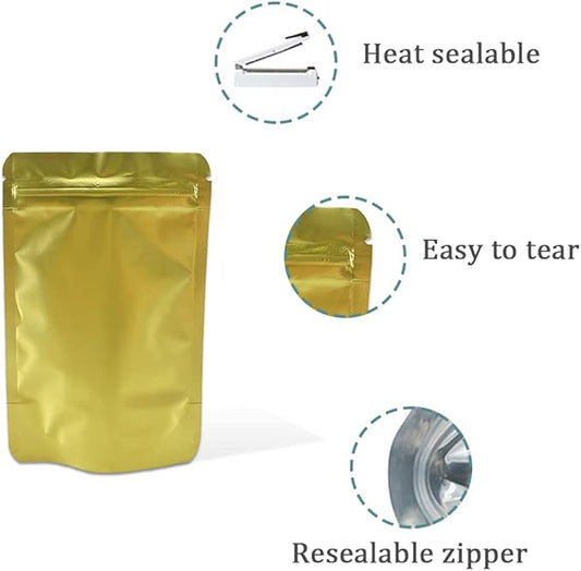 PABCK 50 Pieces 4.3x6.3 inch(Inside Size 3.5x3.9 inch) Stand-Up Resealable Heat Seal Bags 3.55mil Thick Frosted Gold Foil Sealed Bags for Zip Packaging Lock Food Storage Pouch