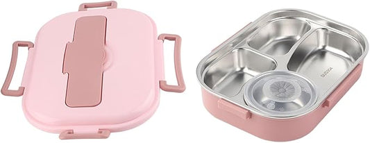 Raguso Boxs Dinnerware 4?Grid Lunch Box Stainless Steel Meal Prep Containers,for Canteens Office Family Food Storage Container (Four-compartment lunch box with soup bowl: pink)