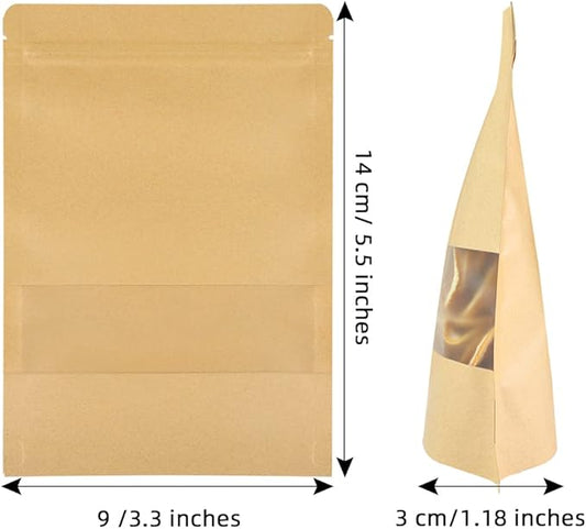 100 Pcs Kraft Stand Up Pouches 3.5 x 5.5 Inch Resealable Zip Lock Food Storage Bags with Matte Window for Packaging