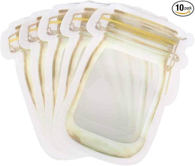 10Pcs Mason Jar Pattern Food Storage Bag Reusable Portable Stand Up Smell Proof Ziplock Bags Snack Saver Container Retail Package Bag Frosted Pouches Yellow 6×4.2in (15.7×10.5cm)