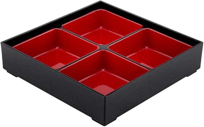 Restaurantware-10 x 2.4 Inch Compartment Lunch Container, 1 Japanese Style Adult Lunch Container - With 4 Compartments, Greaseproof, Black & Red Plastic Divided Lunch Box, For Hot & Cold Food