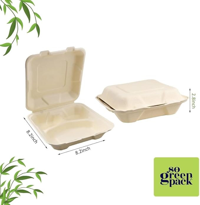 50 Packs Disposable 8x8 Clamshell with 3 Compartments Take-Out Container Compostable Biodegradable Bagasse & Eco-friendly To Go Container for Food