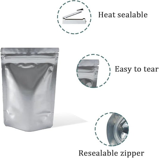 PABCK Stand-Up Resealable Heat Seal Bags 3.55mil Thick Frosted Silver Foil Sealed Bags 50 Pieces 3.35x5.1 inch for Zip Packaging Lock Food Storage Pouch