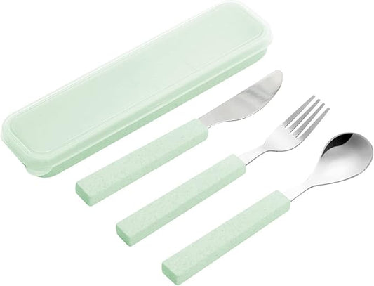 VANRA 3-Piece Children Utensils Set 18/10 Stainless Steel Child Flatware Set Silverware Knife Spoon Fork Set with Travel Case for Kids Lunch Box (Green)