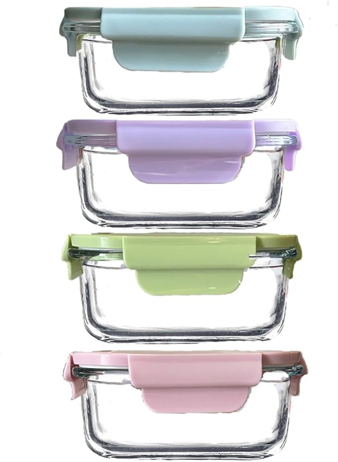 4PC Square Glass Containers With Lids, Glass Meal Prep Containers Set, 2 Cup Clear Square Small Food Containers For Soup Snack fruit, Microwave, Dishwasher, Freezer Safe - (4 color)