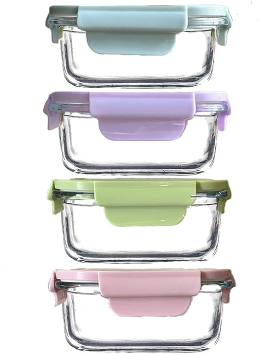 4PC Square Glass Containers With Lids, Glass Meal Prep Containers Set, 2 Cup Clear Square Small Food Containers For Soup Snack fruit, Microwave, Dishwasher, Freezer Safe - (4 color)