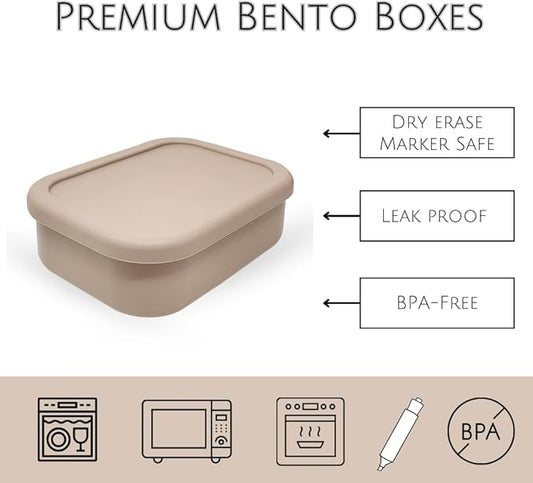 Perfect Portion 3-Pack Silicone Bento Boxes - Leakproof, Single-Compartment Lunch Containers, BPA-Free, Dishwasher, Oven & Fridge Safe, Dry Erase Marker Friendly- Tan, Green, Blue