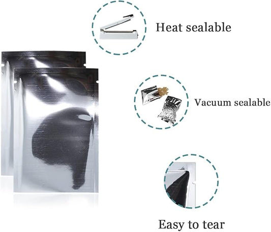 PABCK 100 Pack 4.7x6.7 inch (Inside Size 4.3x6.3 inch) Silver Foil Pouch Heat Seal Bulk Food Storage Bags Vacuum Sealer Wrapping