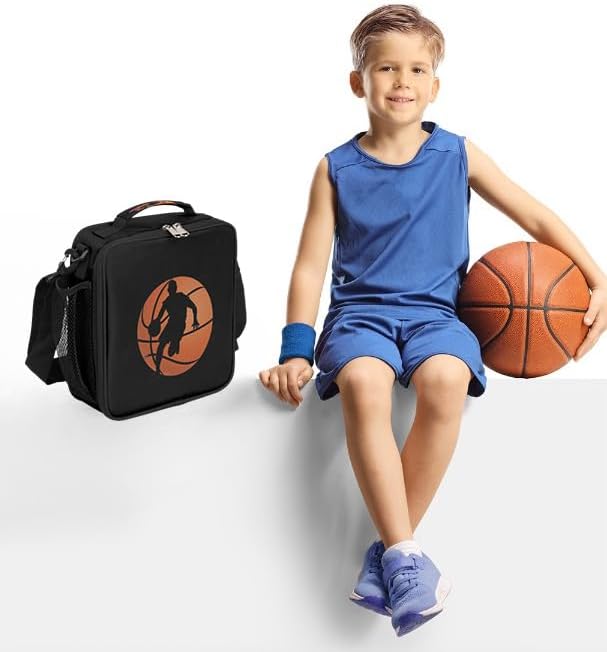 Lunch Box for Kids Boys Girls Black Basketball Kids Lunch Bag Insulated Lunch Bag Tote with Adjustable Shoulder Strap Teens Lunchbox Cooler School Picnic