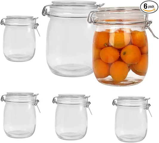 6 Pack 25 oz Pint, 750 ml Clear Glass Jars With Airtight Lids and Leak Proof Rubber Gasket, Hinged lids. Wide Mouth Storage Containers Preserving Jars, Mason Jars, Kitchen Storage Canisters