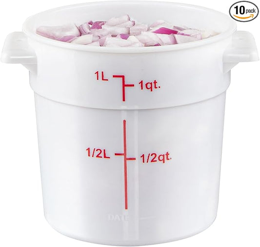 Restaurantware-Met Lux 1 Quart Food Storage Containers, 10 White Storage Containers - Lids Sold Separately, Red Volume Markers, Dishwashable Containers, Side Handles, For Storing Foods