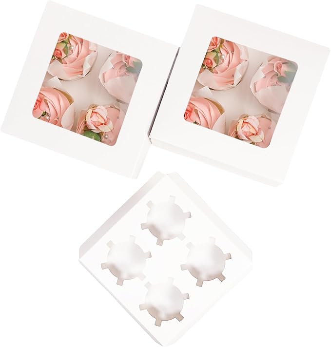qiqee Auto-pop Up 4 Cupcake Boxes with Window White 30 Packs Cupcake Box 6.3"x6.3"x3" Bakery Boxes For Cupcakes Carrier, Cupcake Containers