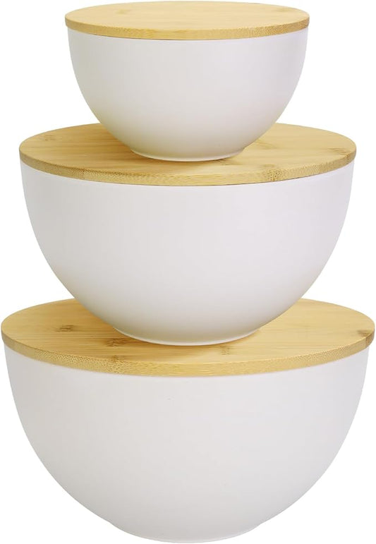 ShineMe Salad Bowl Set with Lid, Large & Deep Serving Bowl Set of 3, Bamboo Fiber Mixing Bowls with Lids for Preparing, Storing and Serving Salad, Ramen, Pasta, Fruit, Snacks (10",8",6")