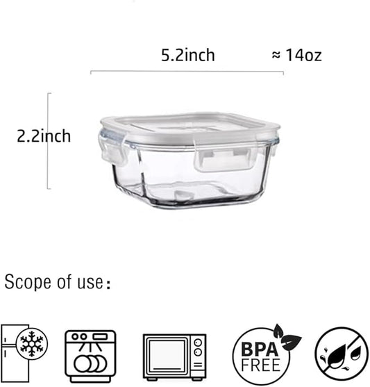 Square Glass Food Storage Containers, Small Square Storage Containers With Airtight Lids, 2Cup Glass Meal Prep Bowls, Leak-proof lunch Bowls, Dishwasher Microwave Freezer Safe -(White)