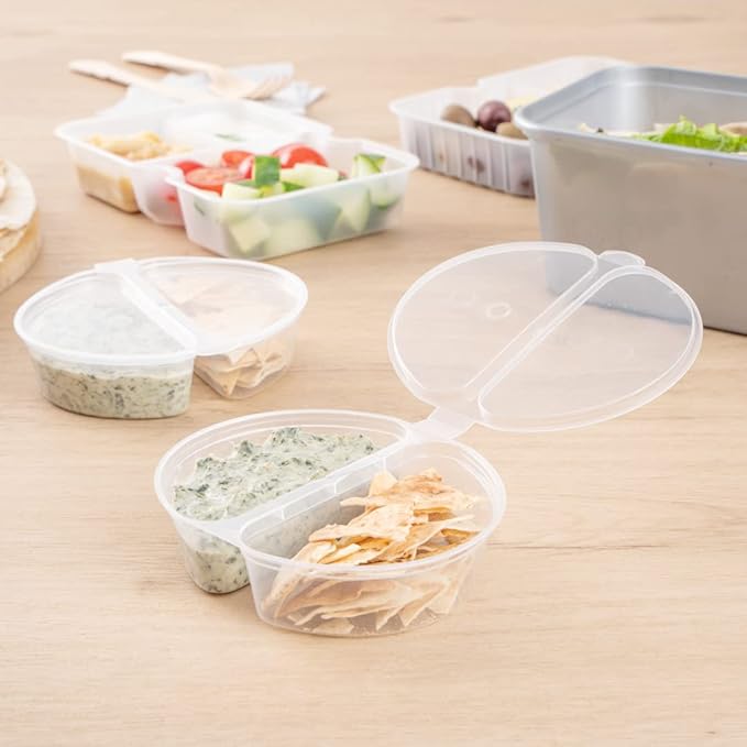 Restaurantware Futura 4 Ounce Snack Containers 100 Microwavable Sauce Containers - 2 Compartments Hinged Lid Clear Plastic Portion Cups For Condiments Or Dips