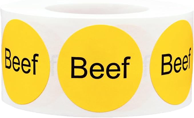 Yellow Beef Deli Labels 1 Inch Round Circle Dot 500 Total Adhesive Stickers