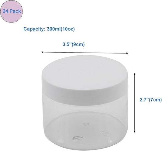 24 Pack 10 oz (300 ml) Plastic Jars with Lids, Food Storage Spice Jars, Craft Storage Favor Jars//Empty Wide-Mouth Jars for Body Butter, Cosmetics(Clear)