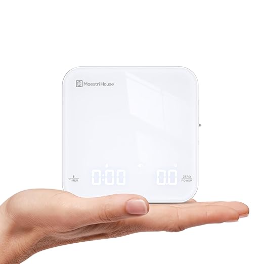 Rechargeable Mini Coffee Scale with Timer, Maestri House Espresso Scale, 2kg/0.1g Accurate Scale for Espresso and Pour-Over Coffee, Portable Digital Kitchen Scale with Automatic Timing（White&Glod）